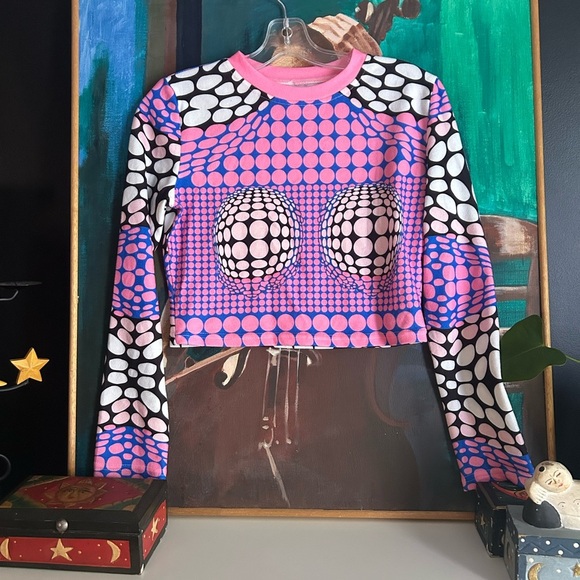 None Tops - Stylish Pink and Black Geometric Crop Top Large Rave Festival L